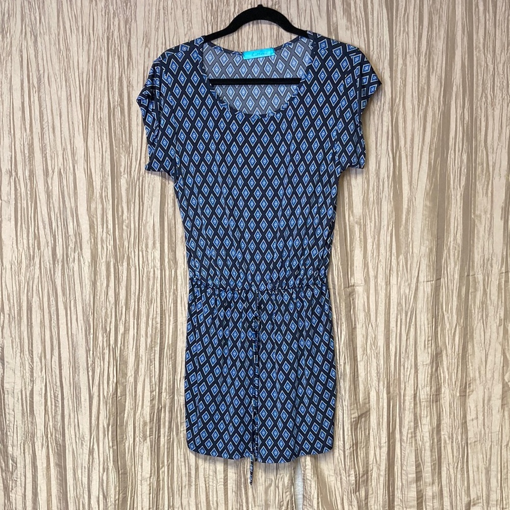 Short Sundress geometric pattern blue black drawstring waist, size L (sum216)